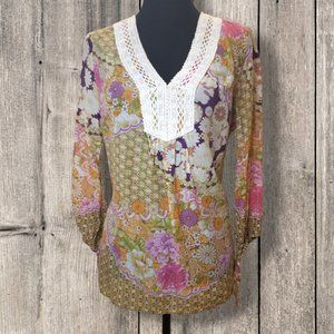 Sunny Leigh Womens Pink & Yellow Paisley Print Crochet Lace V-Neck Boho Top, L